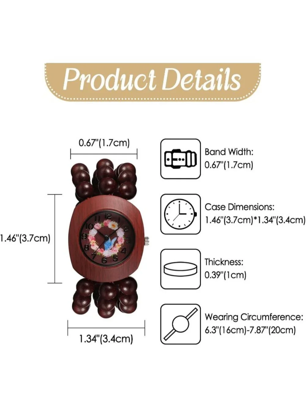 Women's Red Boho Wood Bead Wreath Dial Floral Quartz Elastic Band Casual Watch